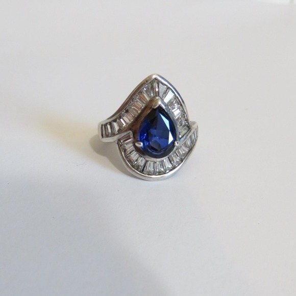 Vintage Sterling Pear Cut Blue Stone Cocktail Ring White Baguette CZ Halo 6.5 - Picture 1 of 9